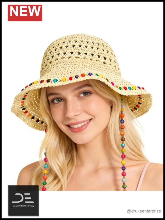 Wide Brim Straw Sun Hat with Beaded Strap, Packable Bucket Hat for Travel